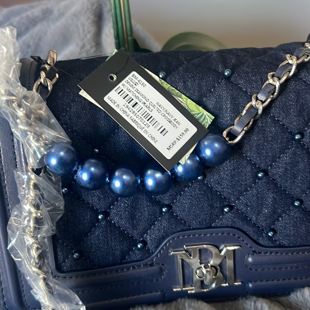 Badgley Mischka Denim and Pearls Crossbody Bag - Picture 2 of 6